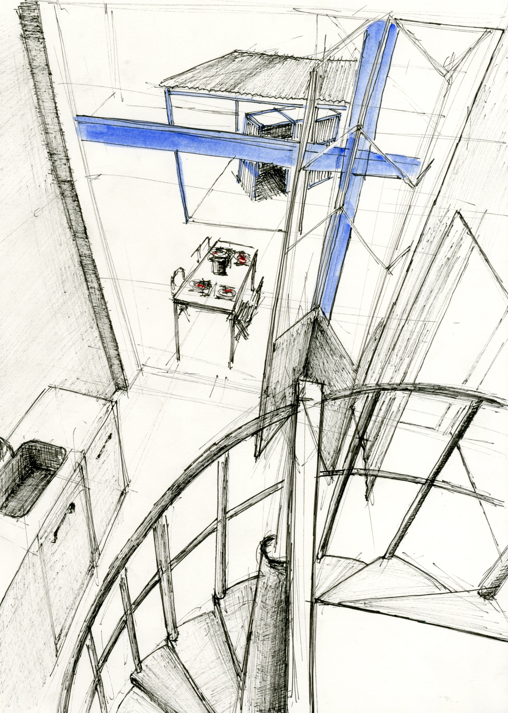 twins · Blick die Wendeltreppe hinunter